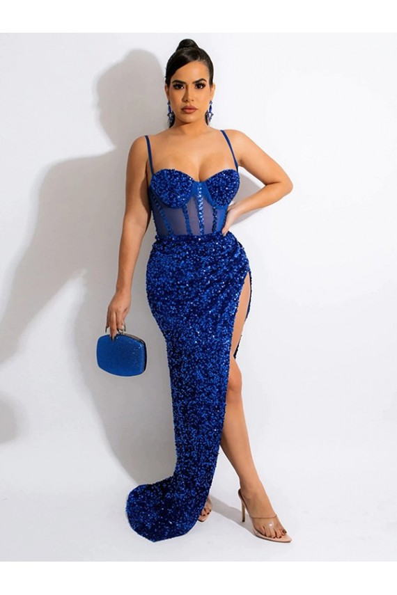Sweep Train Royal Blue Sleeveless Sheath Velvet Sequin Evening Dress Birmingham