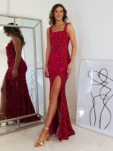 Long Burgundy Sleeveless Sheath Velvet Sequin Prom Dress Birmingham