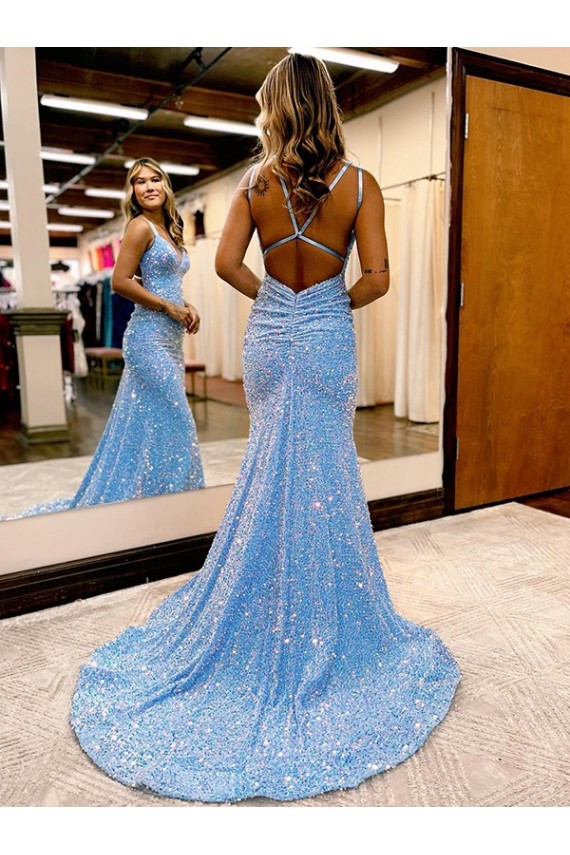 Sweep Train Periwinkle Sleeveless Sheath Velvet Sequin Prom Dress / Evening Dress Birmingham