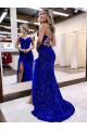 Sweep Train Royal Blue Sleeveless Sheath Velvet Sequin Evening Gown Birmingham