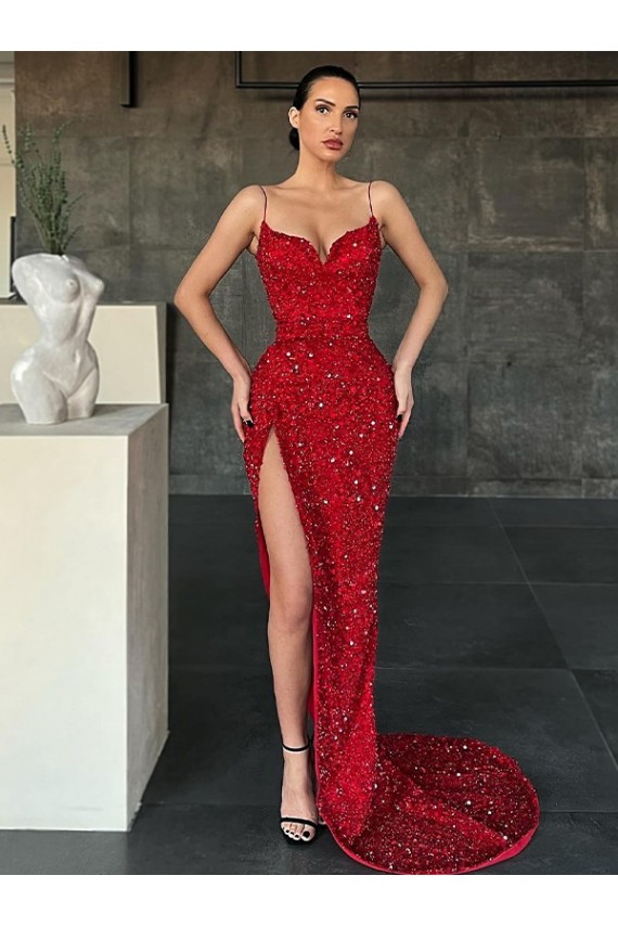 Sweep Train Red Sleeveless Sheath Velvet Sequin Prom Dress / Evening Dress Birmingham