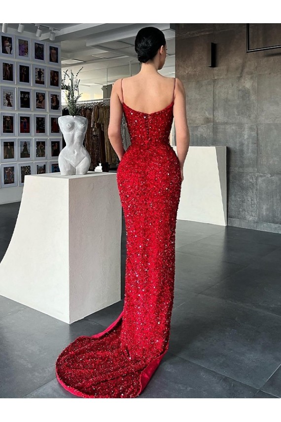 Sweep Train Red Sleeveless Sheath Velvet Sequin Prom Dress / Evening Dress Birmingham