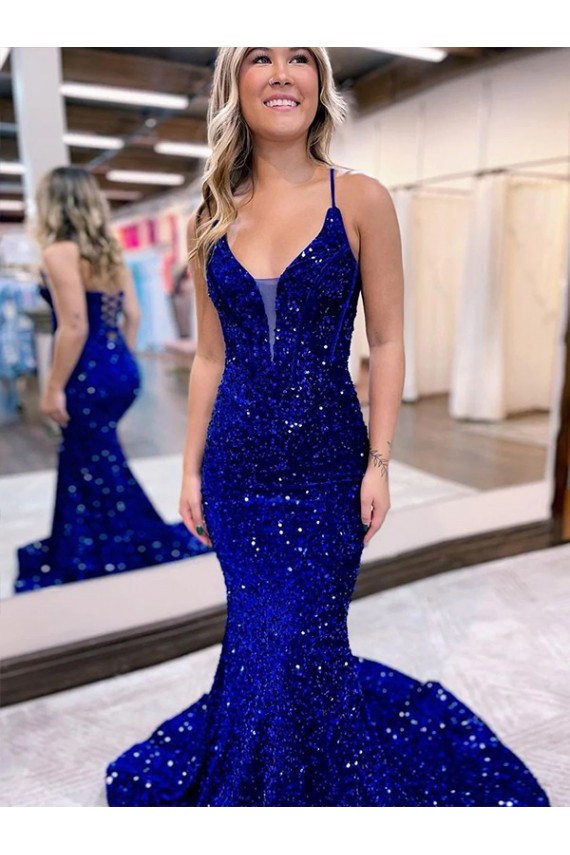 Court Train Royal Blue Sleeveless Mermaid Velvet Sequin Prom Dress Birmingham