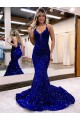 Court Train Royal Blue Sleeveless Mermaid Velvet Sequin Prom Dress Birmingham