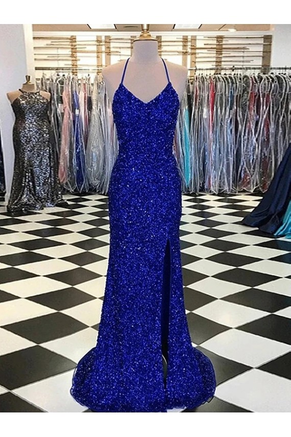 Sweep Train Royal Blue Sleeveless Sheath Velvet Sequin Prom Dress / Evening Dress Birmingham