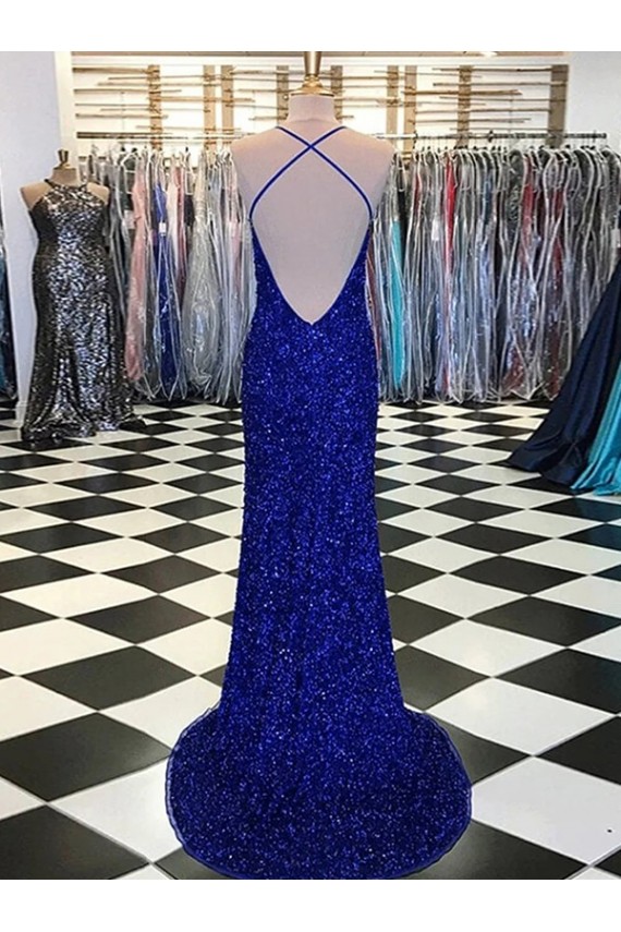 Sweep Train Royal Blue Sleeveless Sheath Velvet Sequin Prom Dress / Evening Dress Birmingham