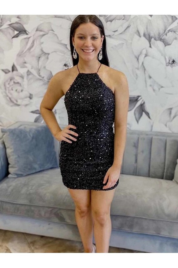 Short Black Sleeveless Sheath Velvet Sequin Prom Dress Birmingham