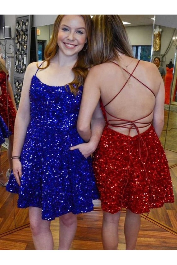 Short Royal Blue Sleeveless A-Line Velvet Sequin Prom Dress Birmingham