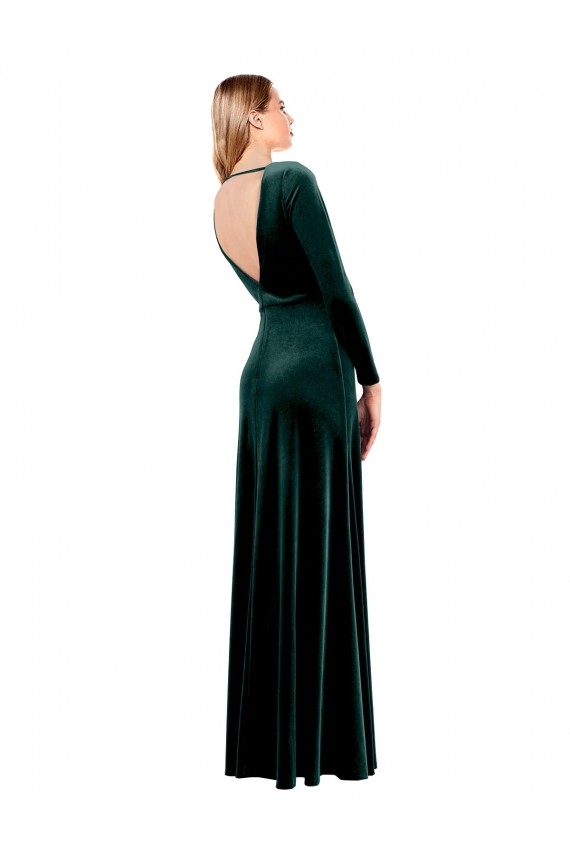 Long Dark Green Long Sleeves A-Line Open Back Black Tie Prom Dress / Bridesmaid Dress Birmingham