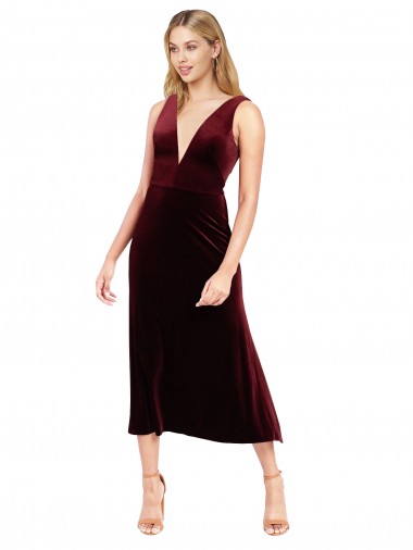 Midi Length Burgundy Sleeveless A-Line V-Back Prom Dress / Bridesmaid Dress Birmingham