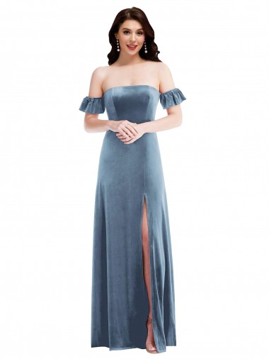 Long Dusty Blue Ruffle Sleeves A-Line Low Back Formal Dress / Bridesmaid Dress Birmingham