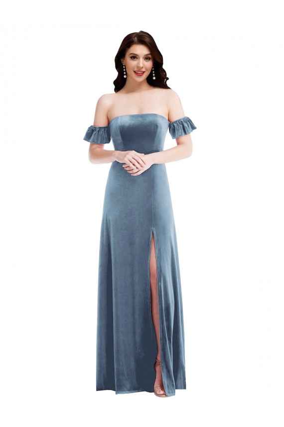Long Dusty Blue Ruffle Sleeves A-Line Low Back Formal Dress / Bridesmaid Dress Birmingham