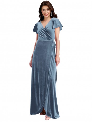 Long Dusty Blue Flutter Sleeves A-Line Black Tie Evening Gown / Prom Dress / Bridesmaid Dress Birmingham