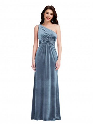 Long Dusty Blue Sleeveless A-Line Stretch Velvet Bridesmaid Dress / Evening Dress Birmingham