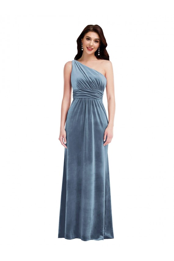 Long Dusty Blue Sleeveless A-Line Stretch Velvet Bridesmaid Dress / Evening Dress Birmingham