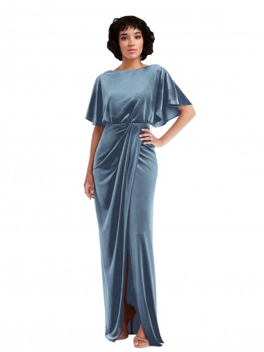 Long Dusty Blue Flutter Sleeves Sheath Open Back Semi Formal Evening Dress / Prom Dress / Bridesmaid Dress Birmingham