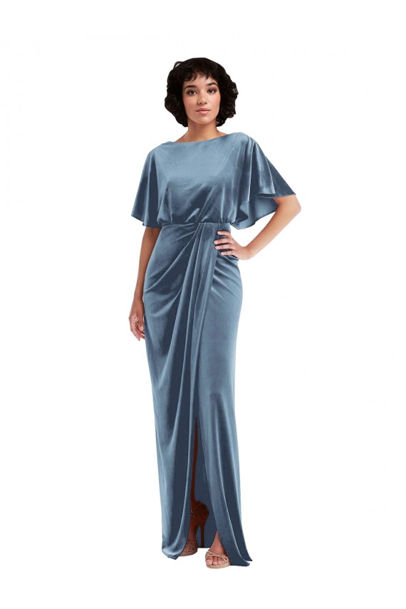 Long Dusty Blue Flutter Sleeves Sheath Open Back Semi Formal Evening Dress / Prom Dress / Bridesmaid Dress Birmingham