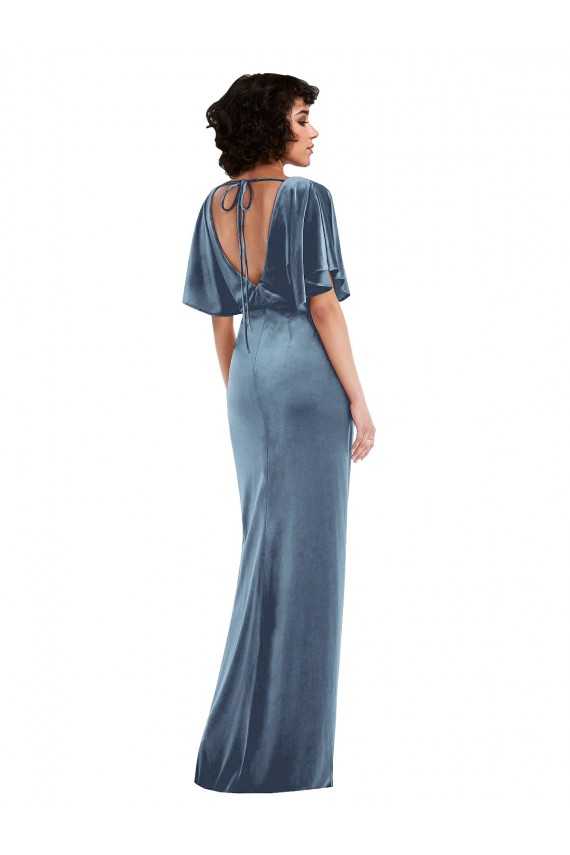 Long Dusty Blue Flutter Sleeves Sheath Open Back Semi Formal Evening Dress / Prom Dress / Bridesmaid Dress Birmingham