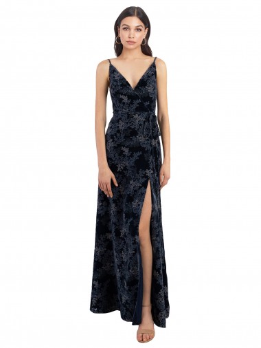 Long Dark Navy Sleeveless A-Line V-Back Floral Velvet & Stretch Velvet Bridesmaid Dress Birmingham