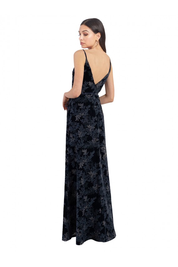 Long Dark Navy Sleeveless A-Line V-Back Floral Velvet & Stretch Velvet Bridesmaid Dress Birmingham