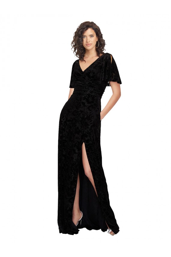 Long Black Short Split Sleeves A-Line V-Back Bridesmaid Dress Birmingham