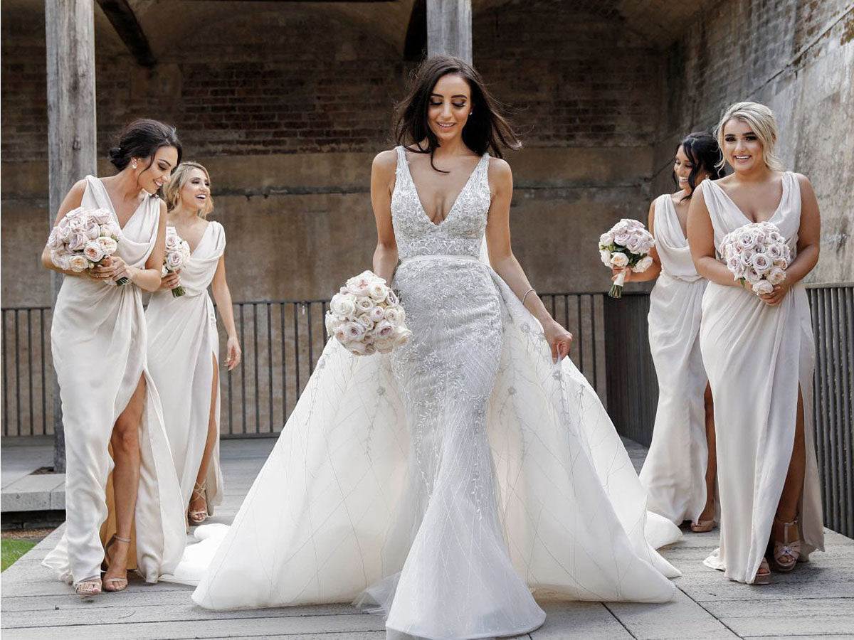 Full Length Luxe Chiffon Long Champagne bridesmaid dresses Birmingham with Sexy High Slit and Front Ruffles