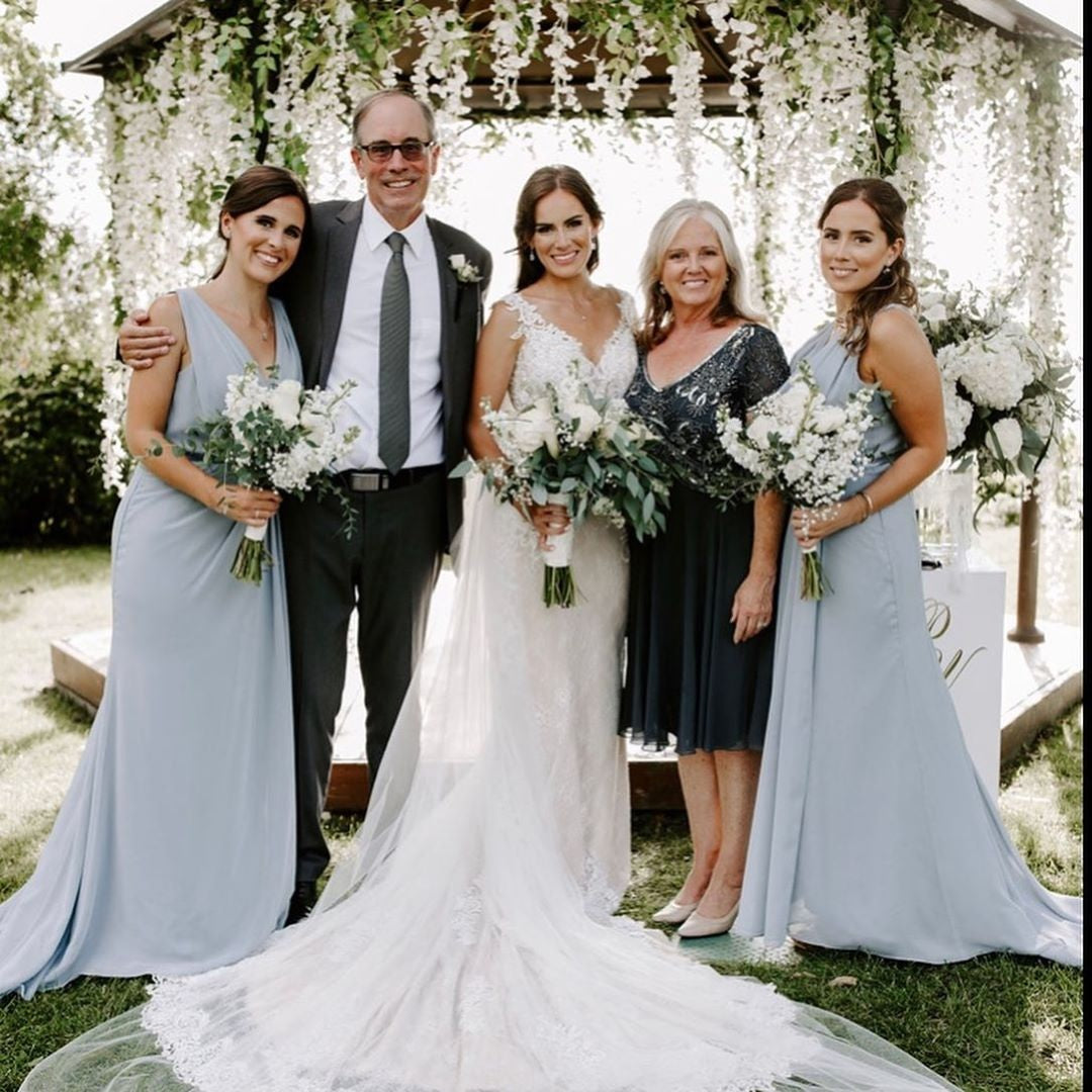 Dusty Blue Full Length Luxe Chiffon Long Champagne bridesmaid dresses Birmingham with Sexy High Slit and Front Ruffles