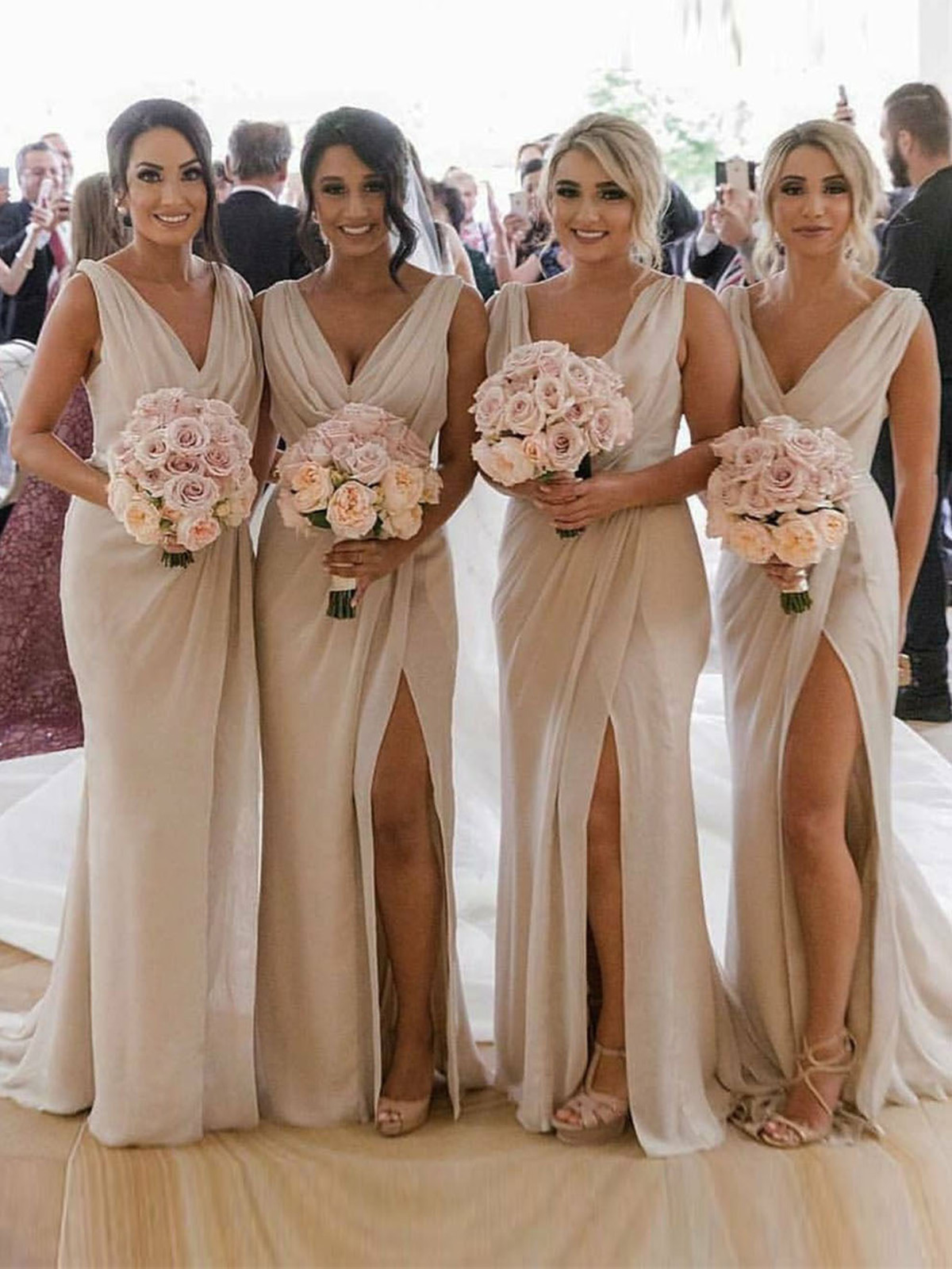 Champagne Full Length Luxe Chiffon Long Champagne bridesmaid dresses Birmingham with Sexy High Slit and Front Ruffles